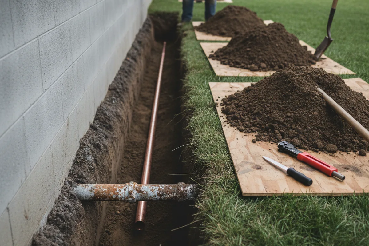 Excavated water line trench during Sewer Line Repair in Osterville